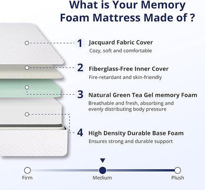 Twin Mattress 8 Inch Green Tea Memory Foam Mattress for Cool Sleep & Pressure Relief, Medium Feel Support, Fiberglass Free, Bed in a Box, Removable Washable Cover, CertiPUR-US Certified