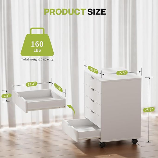 5 Drawer Chest, Storage Cabinet Dressers with Wheels, Dressers Storage Cabinets, Dresser Mobile Cabinet with Wheels, Room Organizer, Drawers Wood Organization Furniture for Office, Home, White