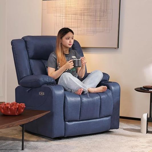 EONIX Dual Motor Oversized Power Lift Recliner Chair for Elderly, 400lbs Heavy Duty Faux Leather Recliner with Massage and Heat, Big and Tall Lay Flat Lift Chair with Cup Holders, SLRY006, Navy Blue