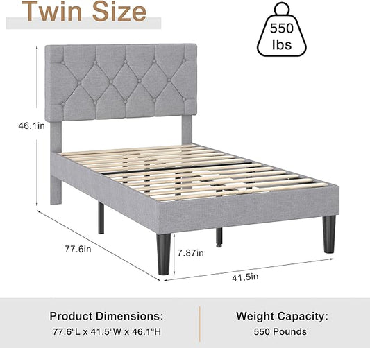 VECELO Twin Bed Frame with Button Tufted Headboard, Upholstered Platform with Wooden Slat Support, No Box Spring Needed, Linen Grey