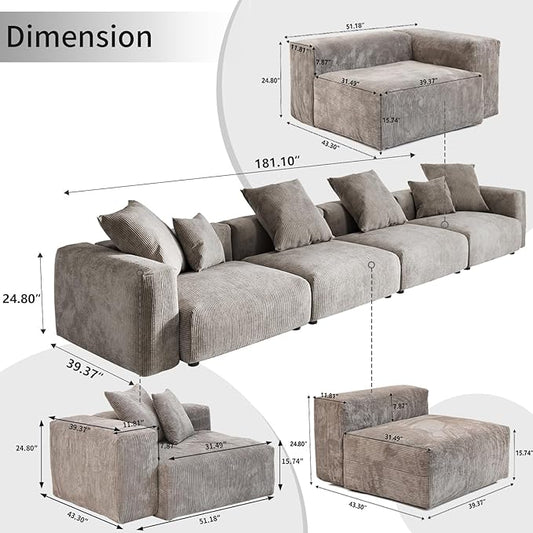 WJShome Modular Sectional Sofa Couch,181.1inch Oversized 4 Seater Couch, Upholstered with Corduroy Fabric Couches with 6 Pillows,Cushion Covers Removable& Washable