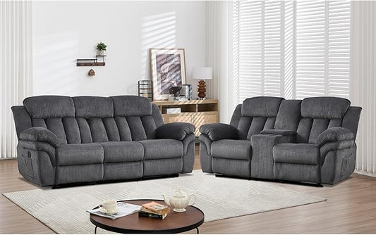 CANMOV Recliner Sofa Set, Manual Recliner Loveseat and 3-Seat Sofa with Overstuffed Armrest for Living Room,Bedroom Furniture,Office,2+3 Seat Grey