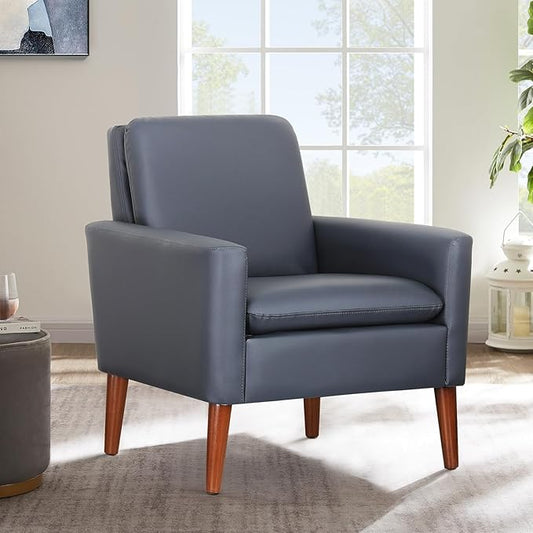 Lohoms Faux Leather Accent Chair for Living Room, Mid-Century Modern Comfy Reading Leisure Chairs for Bedroom, Upholstered Armchair for Apartment/Office/Waiting Room, Wood Legs, Dark Blue