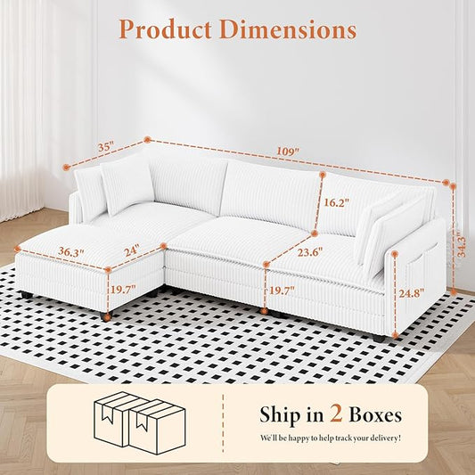 Vesgantti 109" L Shaped Cloud Sectional Couch, Comfy Corduroy Upholstered Modular Couches for Living Room, Modern Modular Sectional Sofa with Ottoman Deep Seat, Warm White