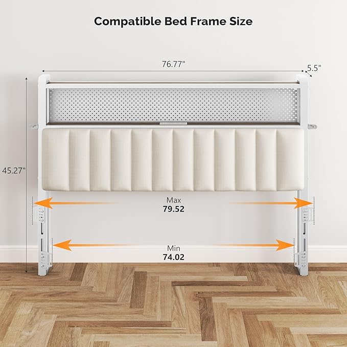 VINGLI King Size Headboard Only, Adjustable Upholstered Headboard with 2 Tier Shelves and Pegboard with Charging Stations and LED Lights, Modern Bed Headboard with Storage for Bedroom Decor