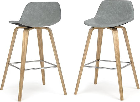 SIMPLIHOME Randolph Counter Stools (Set of 2) - 28 Inch Seat Height Upholstered Bentwood Kitchen Seats in Stone Grey PU Faux Leather, Mid Century Modern Seating with Curved Backrest and Footrest