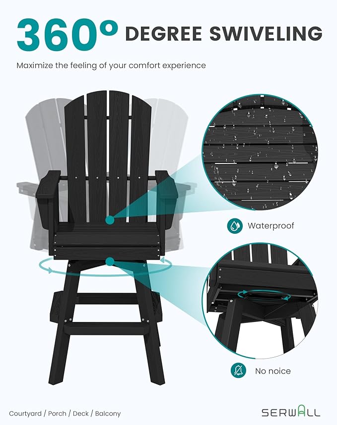 SERWALL Swivel Adirondack Bar Chairs Set of 2, HDPE Outdoor Swivel Barstools Chairs Set of 2 for Bistro, Poolside, Garden, Black