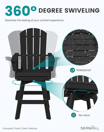 SERWALL Swivel Adirondack Bar Chairs Set of 2, HDPE Outdoor Swivel Barstools Chairs Set of 2 for Bistro, Poolside, Garden, Black