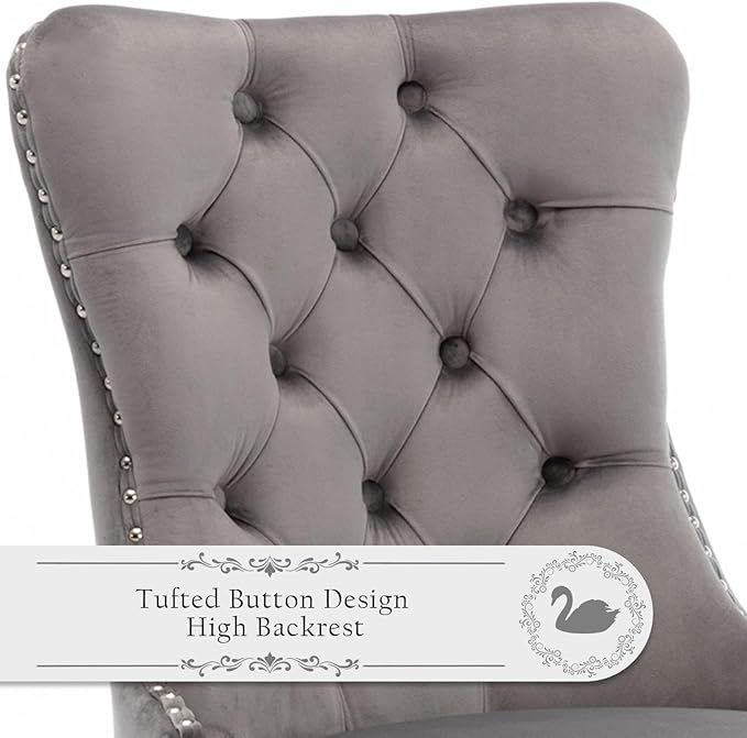 Velvet Upholstered Dining Chairs Set of 4, Modern Style Kitchen Side Chairs with Nailhead Trim and Silver Plated Leg, Metal Pulling Ring for Dining Room Living Room(Gery-Silver Plated Leg)