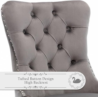 Velvet Upholstered Dining Chairs Set of 4, Modern Style Kitchen Side Chairs with Nailhead Trim and Silver Plated Leg, Metal Pulling Ring for Dining Room Living Room(Gery-Silver Plated Leg)