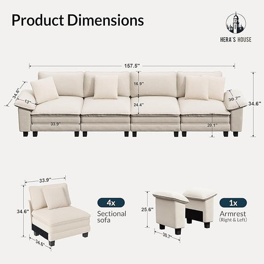 HERA'S HOUSE 158" Modular Sectional Sofa, Oversized Couches for Living Room, Comfy Cloud Couch 4-Seater Deep Seat Sofa with Throw Pillow, Chenille Beige