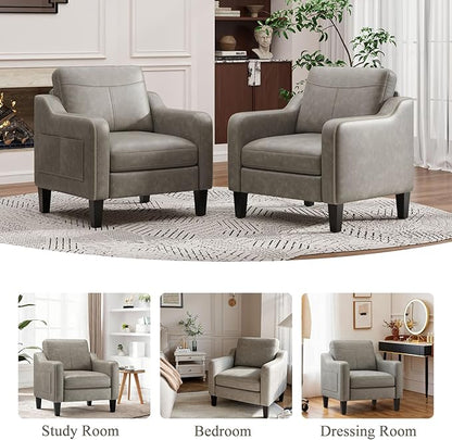 PU Leather Accent Chair Set of 2, Mid-Century Modern Living Room Armchair Sofa with Removable Cushions, Solid Wood Frame & Stitched Armrest Design, Bedroom Chair with Plastic Legs, Grey