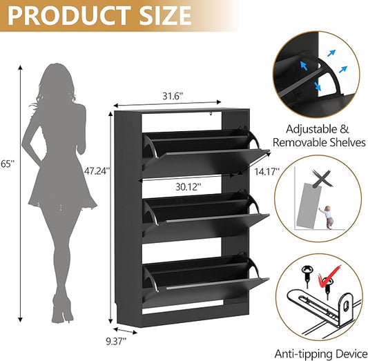 Shoe Storage Cabinet with 3 Flip Drawers, Slim Hidden Wood Shoe Cabinet Storage for Entryway, Freestanding Narrow Shoe Rack Organizer with Adjustable Shelves for Foyer, Hallway, Black