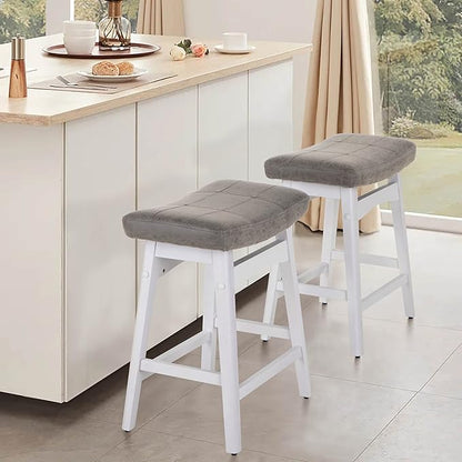 ALPHA HOME Bar Stools Set of 2, Solid Wood Saddle Kitchen Stools with Grey PU Leather Cushion Counter Height Barstools with Wooden Base for Kitchen Dining Cafe, 24 Inch, Grey, 2PCS