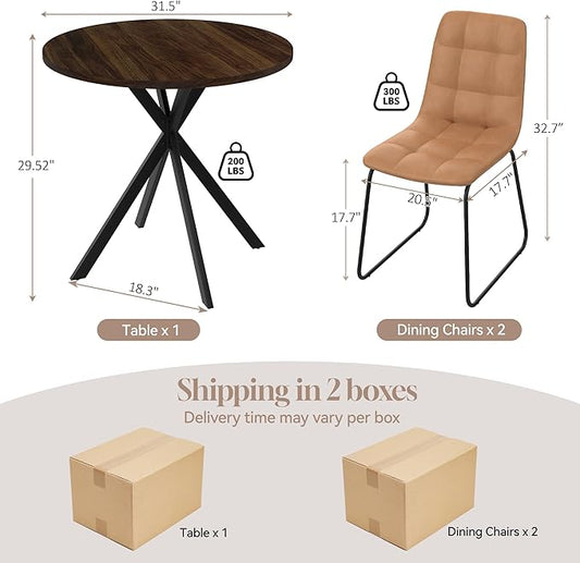 31.5" Round Dining Table Chairs Set for 2, Small Dining Table Chairs Set Space-Saving, Small Dinette Sets for 2 for Kitchen Dining Room Apartment(Walnut Table + Brown Chairs)