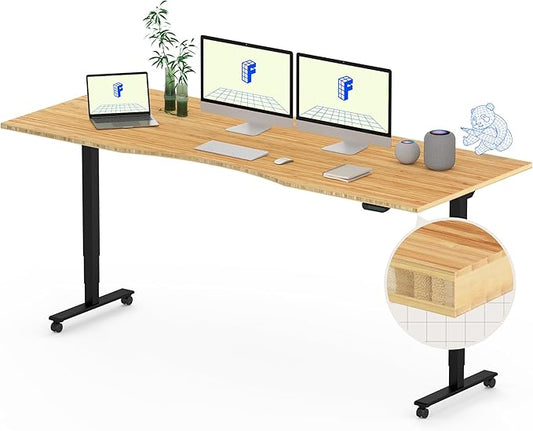 FLEXISPOT E6 MAX Bamboo 78x30 Inch Dual Motor 3-Stage Heavy Duty Standing Desk, 330lbs Weight Capacity, Height Adjustable Desk w/Cable Management & Wheels (Solid Bamboo Curved Desktop + Black Frame)