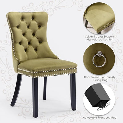 Velvet Upholstered Dining Chairs Set of 2, Modern Style Kitchen Side Chairs with Nailhead Trim and Wood Legs,Metal Pulling Ring for Dining Room Living Room(Olive Green,Set of 2)