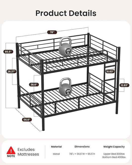 Full Over Full Bunk Bed, Convertible into 2 Full Beds, Heavy-Duty Metal Bed Frame with Safety Full-Length Guardrails & EVA Padded Ladder for Adults, Teens, Kids, No Box Spring Needed, Black