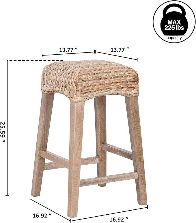 JONATHAN Y CSL1101B Maui 25.5" Rustic Bohemian Hyacinth/Wood Backless Counter Stool for Home, Kitchen, Dining Room, Workspaces, Cafes and Resturants, Natural Woven Seat with Natural Wood Frame