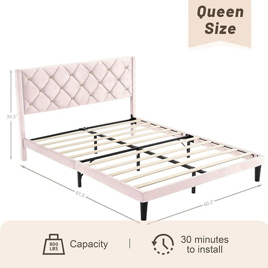 Queen Size Platform Bed Frame with Velvet Upholstered Headboard and Sturdy Wooden Slats Support,Mattress Foundation，Easy Assembly, No Box Spring Needed,Slip Resistant (Pink, Queen)