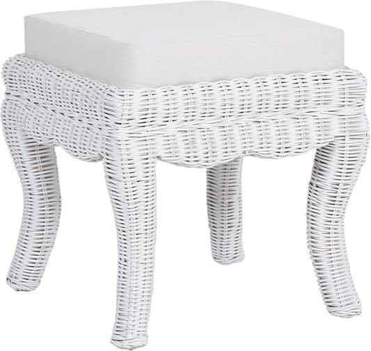 JONATHAN Y VSL1000D Rowan 19.7" Bohemian Designer Woven Rattan/Wood Ottoman Vanity Stool, White Cushion Seat with White Distressed Binded Base, for Living Room, Bedroom, Entryway, Foyer