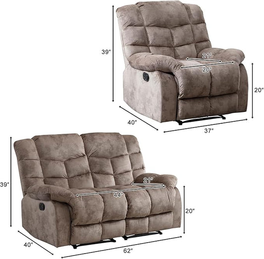 CANMOV Manual Reclining Sofa Set,2 Pieces Sofa Furniture Set for Living Room, Manual Recliner Chair and Recliner Loveseat with Arms for Living Room, Bedroom, Light Brown (1+2)