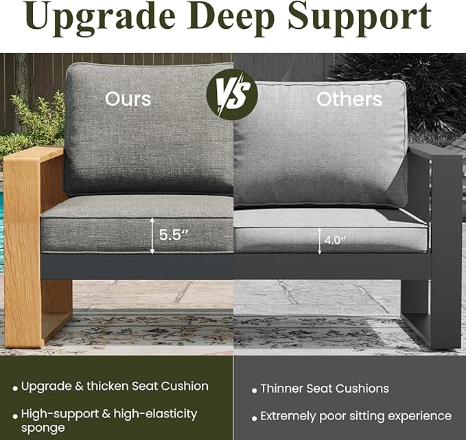 LayinSun 5 Pieces Aluminum Patio Furniture Set with Fire Pit Table, Oversized Seat with Hight Back, Outdoor Conversation Sets for Porch, Balcony, Deck