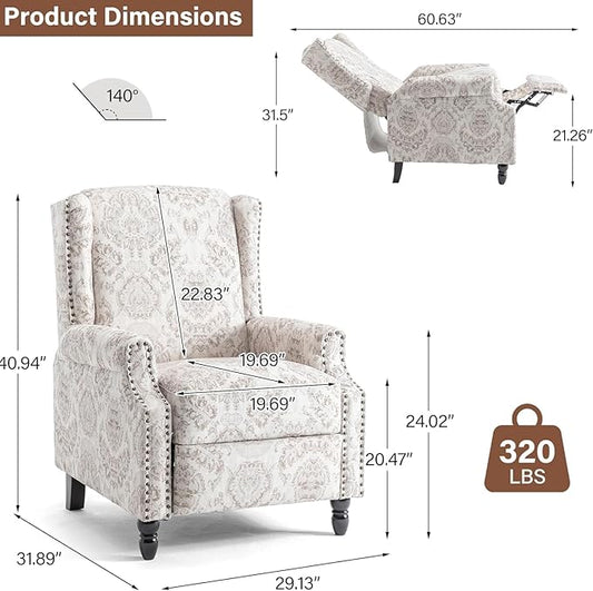 Wingback Recliner Chair Set of 2, Floral Fabric Pushback Recliner Chair, Upholstered Armchair Push Back Recliner, Rivet Trim Single Sofa Accent Chair with Wood Legs for Living Room, Beige