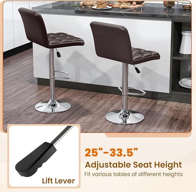 COSTWAY Bar Stools Set of 4, Modern PU Leather Swivel Bar Chairs, Height Adjustable Upholstered Barstools with Premium Gas Rod, Sturdy Footrest, Round Base, for Kitchen, Dining Room, Office,Brown