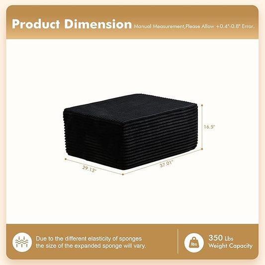 37.1" Ottoman for Couch, Plush Corduroy Memory Foam Ottoman Cloud Boneless Sectional Couch for Living Room Foot Stools No Assembly Require, Plush Corduroy,Black