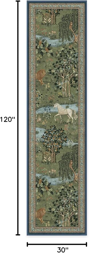 RUGGABLE x Morris & Co Washable Runner Rug – Owl & Willow Green 2.5x10, Stain-Resistant, Non-Slip Hallway Runner – Machine Washable Rug for Hallway, Entryway, Living Room & Kitchen–with Standard Pad