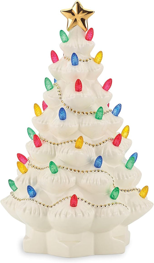 Lenox Figurine, Treasured Traditions Ivory Light-Up Ceramic Christmas Tree Figurine, Christmas Decorations, Holiday Winter Decor Indoor (Ivory, 1 Piece, 8.82-Inch Height) 3 AAA Batteries Not Included