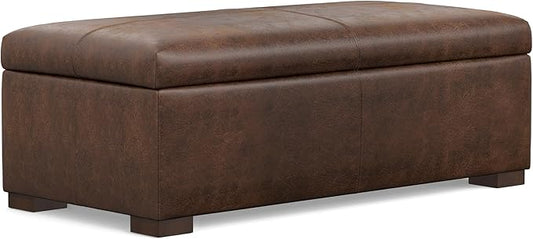 SIMPLIHOME Gabbie 48 inch Wide Contemporary Rectangle Rectangular Storage Ottoman in Distressed Chestnut Brown Vegan Faux Leather, Assembled, For the Living Room, Entryway and Family Room