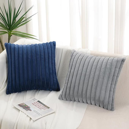 Pallene Faux Fur Plush Throw Pillow Covers 16x16 Set of 2, Luxury Soft Fluffy Striped Decorative Pillow Covers for Sofa, Couch, Living Room, Navy Blue