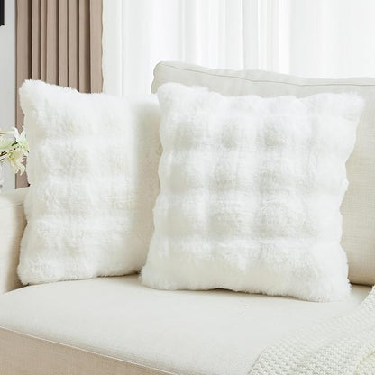 FUTEI Cream White Decorative Throw Pillow Covers 22x22 Inch Set of 2,Soft Fuzzy Faux Rabbit Fur Cushion Covers with Raised Texture,Neutral Boho Home Decor for Couch Bed Living Room