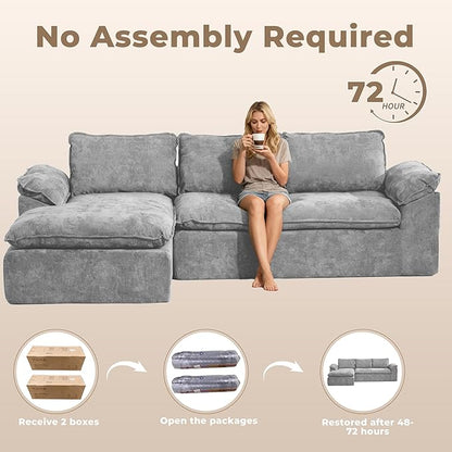 Modular Sectional Sofa, 107.5" L-Shaped Boneless Couch with Deep Seat, Modern Minimalist Upholstered Cloud Sectional Couch for Living Room Bedroom, No Assembly Required, Light Gray Chenille