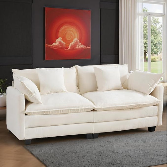 77" Cloud Chenille Sofa Set with Pillows, Deep Seat Loveseat Couch for Apartments, Space Saving 2-Seater with Solid Wood Frame, Easy Assembly (1YR Guarantee)
