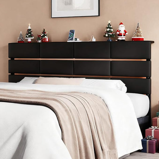King/Cal King Size Upholstered Velvet Headboard, Adjustable Head Boards with LED Light & Charging Station, Bed Headboard Only, Attach Frame, Ideal for Bedroom, Dorm, Guest Room, Black