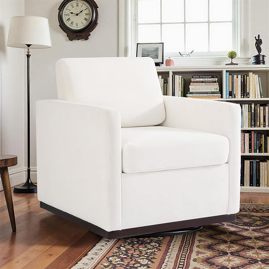 Pia Ricco Single Swivel Barrel Chair, Mid-Century Modern Accent Armchair with Plush Chenille Upholstery for Living Room & Cozy Reading Nook, Beige