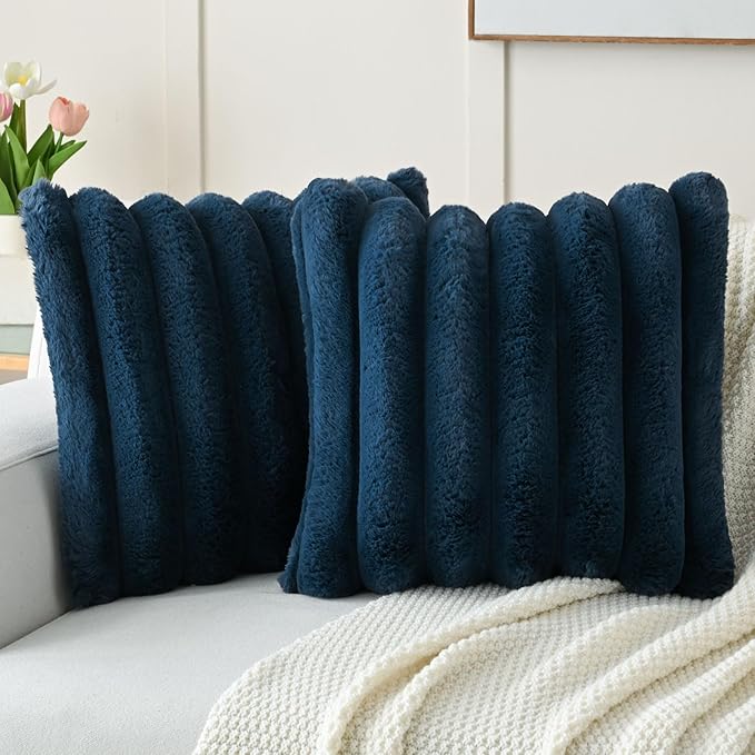 FUTEI Navy Blue Decorative Throw Pillow Covers 16x16 Inch Set of 2, Square Soft Faux Rabbit Fur Thick Striped Cushion Cover,Winter Home Decor for Couch Bed Living Room