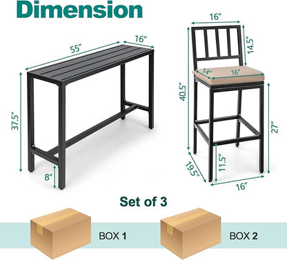 COSTWAY 3 Piece Outdoor Patio Bar Set, 55" Rectangular Pub Height High Top Bar Table with 2 Cushioned Bar Stools, Metal Bar Table and Chairs Set for Balcony, Backyard, Porch