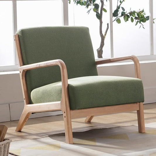 ANJ ANJHOME Mid Century Modern Accent Chair, Comfy Fabric Reading Chair with Solid Wood Frame, Easy Assembly Armchair for Living Room Blackish Green
