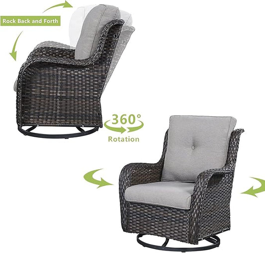 HUMMUH 7pcs Patio Furniture Set Swivel Rocker Patio Chairs,PE Wicker Outdoor Sofa Set of 2 with Coffee Table and Ottomans(Brown,Grey)