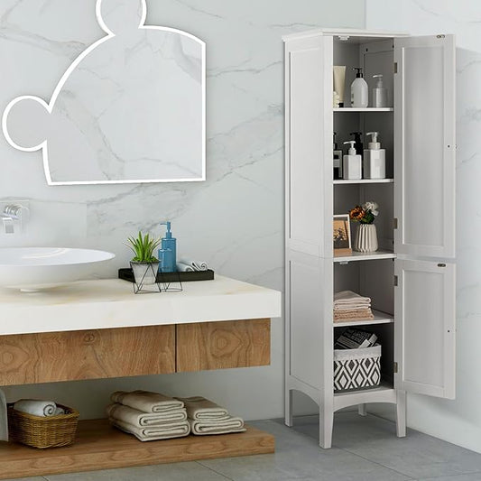 COSTWAY Tall Bathroom Storage Cabinet, 5-Tier Freestanding Linen Tower Cabinet with 2 Doors, Wooden Side Storage Organizer, Narrow Slim Floor Cabinet for Bathroom, Living Room, Kitchen (White)