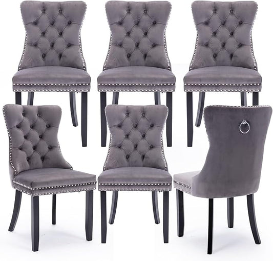 Velvet Upholstered Dining Chairs Set of 6, Modern Style Kitchen Side Chairs with Nailhead Trim and Wood Legs,Metal Pulling Ring for Dining Room Living Room(Grey,Set of 6)