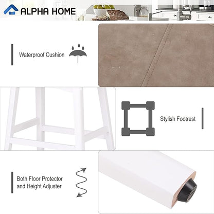ALPHA HOME Bar Stools Set of 4, Solid Wood Saddle Kitchen Stools with Beige PU Leather Cushion Counter Height Barstools with Wooden Base for Kitchen Dining Cafe, 24 Inch, Beige, 4PCS