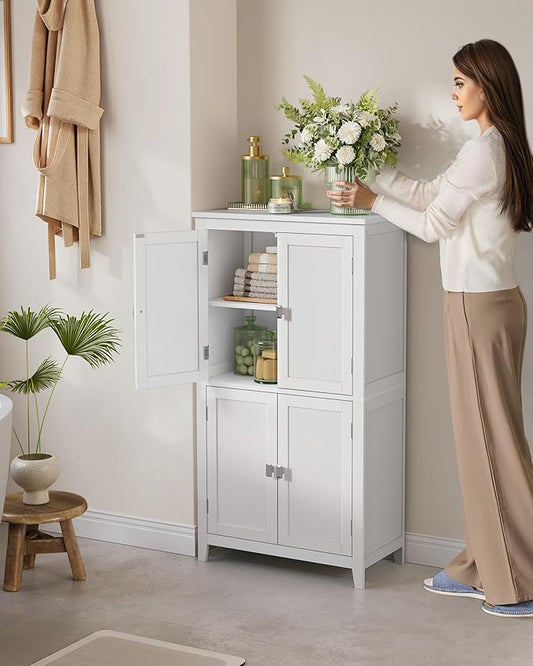 VASAGLE Floor Storage Cabinet, Freestanding Storage Unit with 4 Doors, Adjustable Shelves, 11.8 x 23.6 x 43.3 Inches, for Entryway, Bathroom, White UBBC552P31
