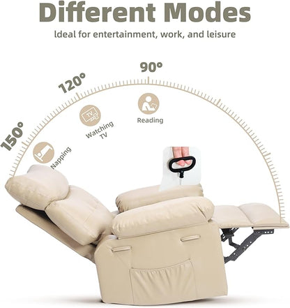GarveeHome Oversized 27" Recliner Chairs, Classic Manual Leather Recliner, Home Theater Seating with Lumbar & Arms Support for Living Room, Bedroom and Nursery - Beige