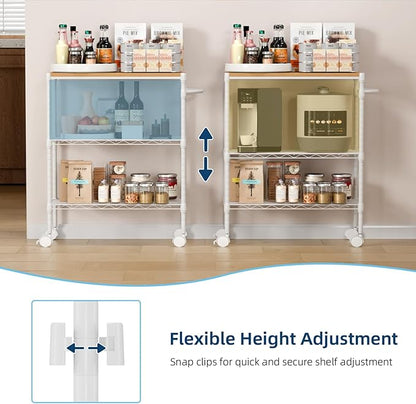 Whitmor 3 Tier Rolling Kitchen Cart,27.6"x10"x21.7”Heavy Duty Metal Storage Cart with Wheels, Adjustable Shelves, Lockable Utility Cart with Wood Top & Portable Handle for Indoor & Outdoor Use, White