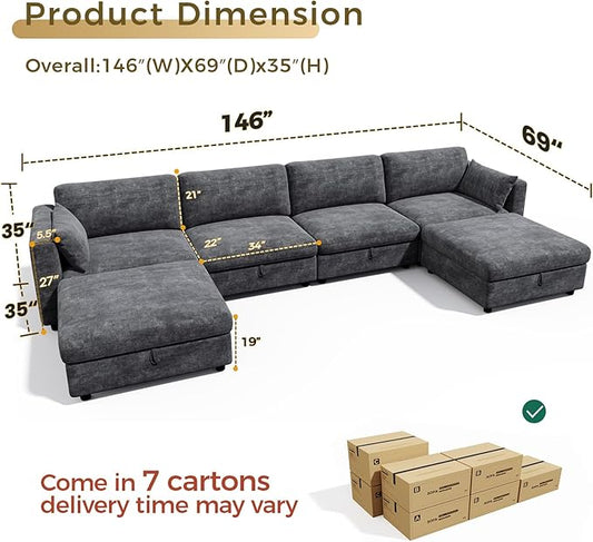 KKL Modular Sectional Couches for Living Room, U Shaped Sofa Couch with Adjustable Backrest, Chenille 6 Seater Sofa Couch with Convertible Ottoman and Comfy Cushion, Grey